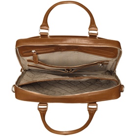 DBramante Rosenborg 14 Inch Laptop Bag in brown, open top view showing quilted interior lining, multiple compartments and gold-tone hardware