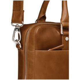 DBramante Rosenborg 14 Inch Laptop Bag in brown leather, close-up showing front zip pocket and silver carabiner clip strap detail