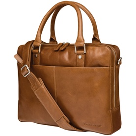 DBramante Rosenborg 14 Inch Laptop Bag in brown leather with dual top handles, front pocket, and adjustable crossbody strap with silver hardware