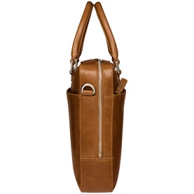 DBramante Rosenborg 14 Inch Laptop Bag in brown leather, side view showing zip pocket, twin handles and silver-tone hardware