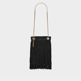 Saint Laurent Grace Fringed Suede Small Hobo Bag in black with gold chain strap and tassel fringe detail