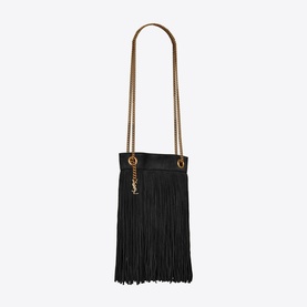 Saint Laurent Grace Fringed Suede Small Hobo Bag in black with long suede fringe, gold-tone chain strap and logo charm