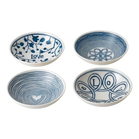 Royal Doulton Ellen DeGeneres Love Accents 14cm Bowl Four-Piece Set in white and blue with love-themed motifs