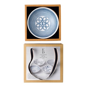 Royal Doulton Ellen DeGeneres Love Accents 14cm Bowl Four-Piece Set in blue and white, shown with gift box packaging