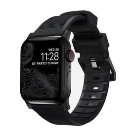 Nomad Rugged Strap 40mm/38mm in black, fitted to an Apple Watch, featuring textured silicone band with black hardware
