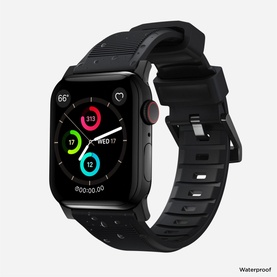 Nomad Rugged Strap 40mm/38mm in black, fitted to a smartwatch, with textured silicone band and waterproof design