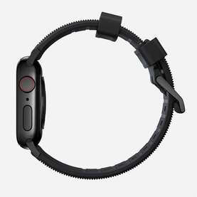 Nomad Rugged Strap 40mm/38mm in black, shown on Apple Watch, side profile view with textured rubber band and silver hardware