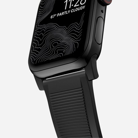 Nomad Rugged Strap 40mm/38mm in black, shown fitted to a smartwatch with ribbed silicone band and black hardware