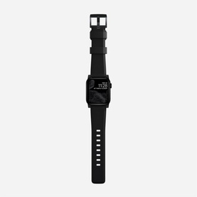 Nomad Rugged Strap 40mm/38mm in black with black hardware, shown fitted to a smartwatch on a white background