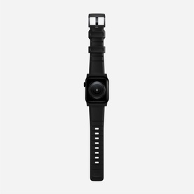 Nomad Rugged Strap 40mm/38mm in black, shown flat with matte black buckle and textured band detail