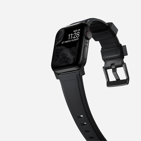 Nomad Rugged Strap 40mm/38mm in black, shown on Apple Watch with textured rubber band and matte black buckle