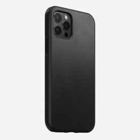 Nomad Rugged Case MagSafe iPhone 12/12 Pro in black, slim leather case with triple camera cutout, angled rear view