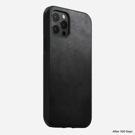 Nomad Rugged Case MagSafe iPhone 12/12 Pro in black, shown at angle with triple camera cutout, labelled After 100 Days