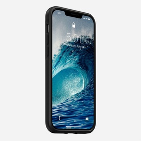 Nomad Rugged Case MagSafe iPhone 12/12 Pro in black, shown at an angle displaying screen and slim raised-edge protection
