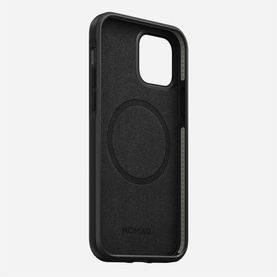 Nomad Rugged Case MagSafe iPhone 12/12 Pro in black, showing rear with circular MagSafe ring and textured finish