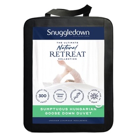 Snuggledown Hungarian Goose Down Natural Retreat Collection Duvet 13.5 Tog in black zip carry bag with product branding