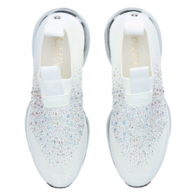 Carvela Scatter Bubble Trainers in white with iridescent crystal embellishment, knit upper, and chunky silver-toned sole, top-down view