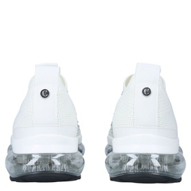 Carvela Scatter Bubble Trainers in white, rear view, knit upper with silver logo detail and transparent bubble sole