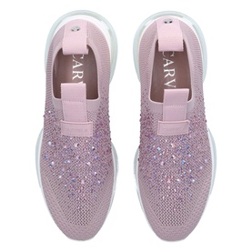 Carvela Scatter Bubble Trainers in pink knit fabric with all-over crystal embellishment and white chunky sole, overhead view