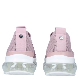 Carvela Scatter Bubble Trainers in dusty pink, perforated knit upper, clear bubble sole, silver hardware detail, heel view