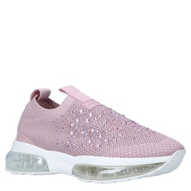 Carvela Scatter Bubble Trainers in pink knit with crystal embellishments, slip-on style, and clear bubble sole