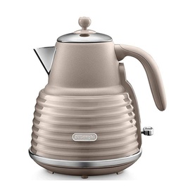 Delonghi Scolpito Kettle in beige with ribbed body design, chrome base, and curved handle