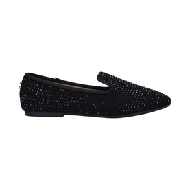 Carvela Shine Slipper in black suede with all-over crystal embellishment, pointed toe, and flat sole