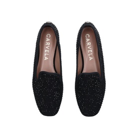 Carvela Shine Slipper flat loafers in black, covered in all-over crystal embellishments, shown from above as a pair