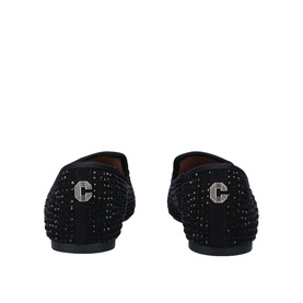 Carvela Shine Slipper flat shoes in black suede with crystal embellishment, silver C logo detail, shown from rear angle