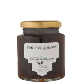 Fortnum & Mason Sir Nigel's Orange Marmalade 200g, dark amber preserve in glass jar with gold lid and branded label