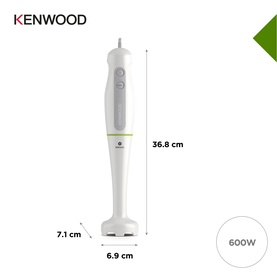 Kenwood hand blender in white with green accent, dimensions shown: 36.8cm tall, 6.9cm wide, 600W power rating.