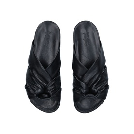 Carvela Comfort Solo Sandals in black leather with twisted knot strap detail, flat sole, overhead view