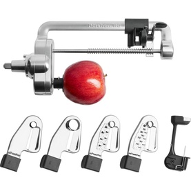 KitchenAid Spiralizer Attachment for Stand Mixer with red apple mounted, shown with four interchangeable blade attachments below