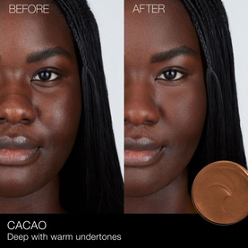 NARS Soft Matte Complete Concealer in Cacao &mdash; before and after comparison on deep skin with warm undertones, showing coverage result