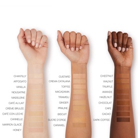 NARS Soft Matte Complete Concealer shade range swatched across three arms showing fair to deep skin tones with shade names labelled
