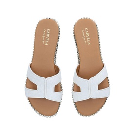 Carvela Comfort Sophia Flat Sandals in white, H-bar slider style with tan footbed and studded sole edge, overhead view