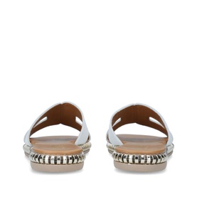 Carvela Comfort Sophia Flat Sandals in white leather, rear view showing woven monochrome trim detail along the sole edge