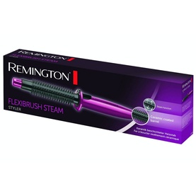 Remington Flexibrush Steam Hair Styler in purple and black with ceramic-coated barrel, shown in product packaging box