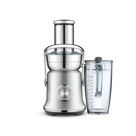 Sage Cold XL Nutri Juicer in grey brushed stainless steel, shown with detachable clear juice collection jug beside it