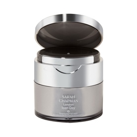 Sarah Chapman Icon Day Smartsome&trade; A&sup2; X50&sup3; serum in silver-grey jar with hinged lid, shown open