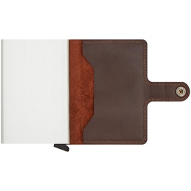 Secrid Original Card Protector Mini Wallet in brown leather, open showing silver aluminium card slide and interior pockets