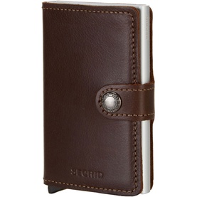 Secrid Original Card Protector Mini Wallet in brown leather with silver aluminium card protector and press stud closure