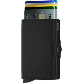 Secrid Matte Twin Wallet in black, shown from the rear with cards fanning out from the top aluminium card protector