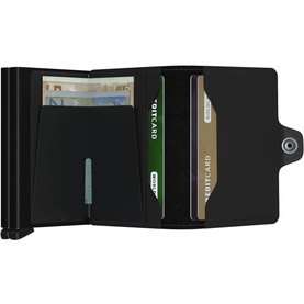 Secrid Matte Twin Wallet in black, open showing dual card holders with cards and banknotes visible, matte finish aluminium cases