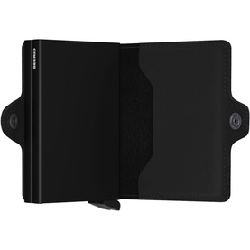 Secrid Matte Twin Wallet in black, open view showing dual card holder mechanism and smooth leather exterior
