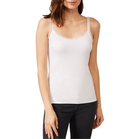 Model wearing Phase Eight Sequin Slim Fit Cami in white with thin straps, scoop neckline and sequin trim detail, styled with dark trousers