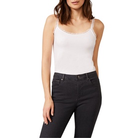 Model wearing Phase Eight Sequin Slim Fit Cami in white with sequin-trimmed scoop neckline and thin straps, styled with dark grey jeans