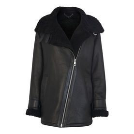 Whistles Shearling Brianna Biker Jacket in black with asymmetric zip, shearling collar and cuffs, silver-tone hardware