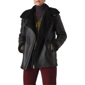 Model wearing Whistles Shearling Brianna Biker Jacket in black, styled with burgundy trousers and mustard top