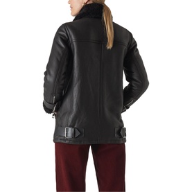 Model wearing Whistles Shearling Brianna Biker Jacket in black, rear view showing shearling collar, zip sleeves and buckle hem details